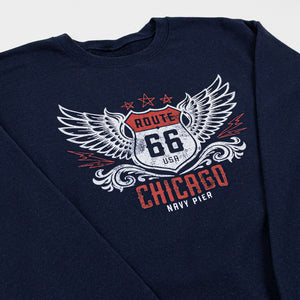 Navy blue sweatshirt with Route 66 and Chicago design on a white background