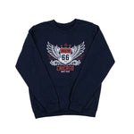 Navy blue sweatshirt with 'Route 66 Chicago Navy Pier' design on a white background