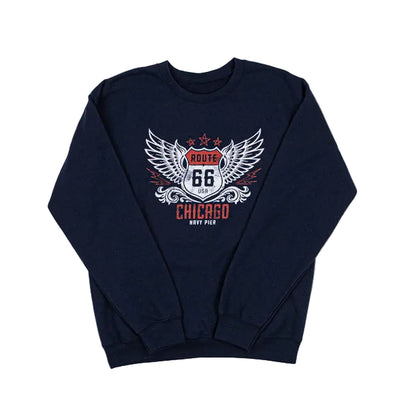 Navy blue sweatshirt with 'Route 66 Chicago Navy Pier' design on a white background