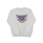 White sweatshirt with a Route 66 Chicago Navy Pier graphic design on a white background.