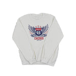 White sweatshirt with a Route 66 Chicago Navy Pier graphic design on a white background.