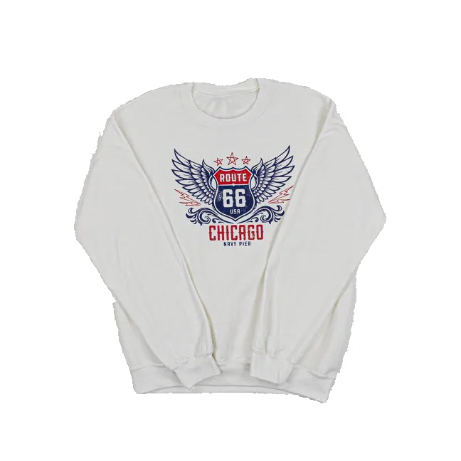 White sweatshirt with a Route 66 Chicago Navy Pier graphic design on a white background.