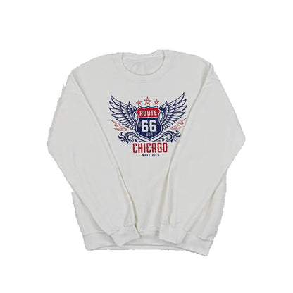 White sweatshirt with a Route 66 Chicago Navy Pier graphic design on a white background.