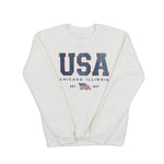 White sweatshirt with 'USA Chicago, Illinois' text and American flag on a white background