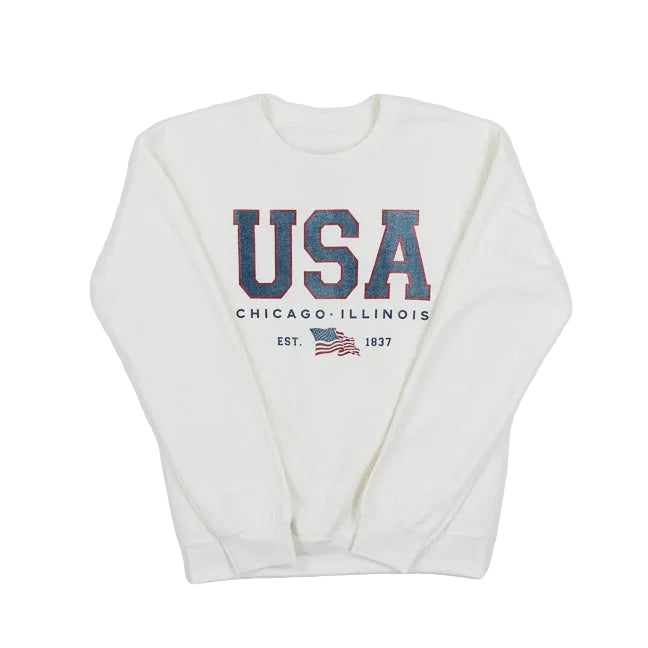 White sweatshirt with 'USA Chicago, Illinois' text and American flag on a white background