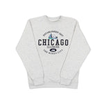 Grey sweatshirt with a Chicago design on the front against a white background.