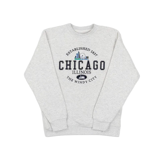 Grey sweatshirt with a Chicago design on the front against a white background.