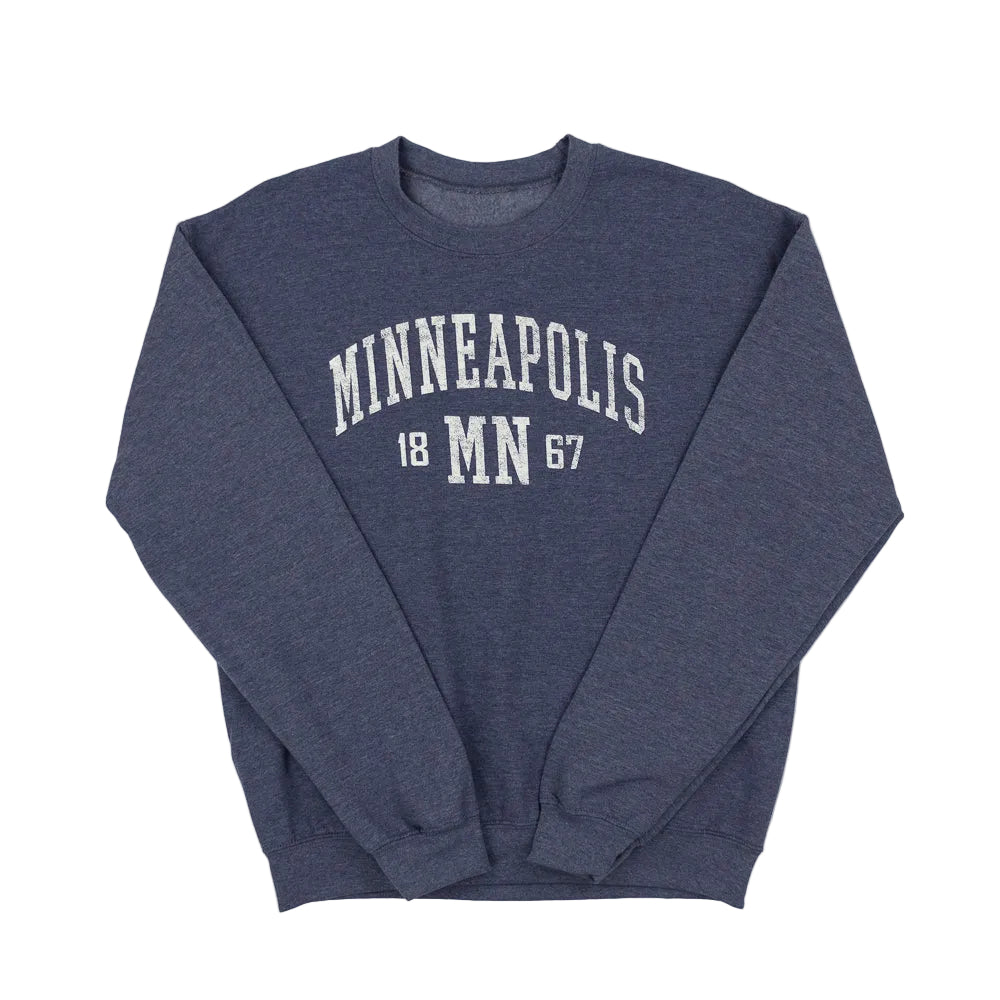 Navy blue sweatshirt with 'Minneapolis 1867' text on a white background