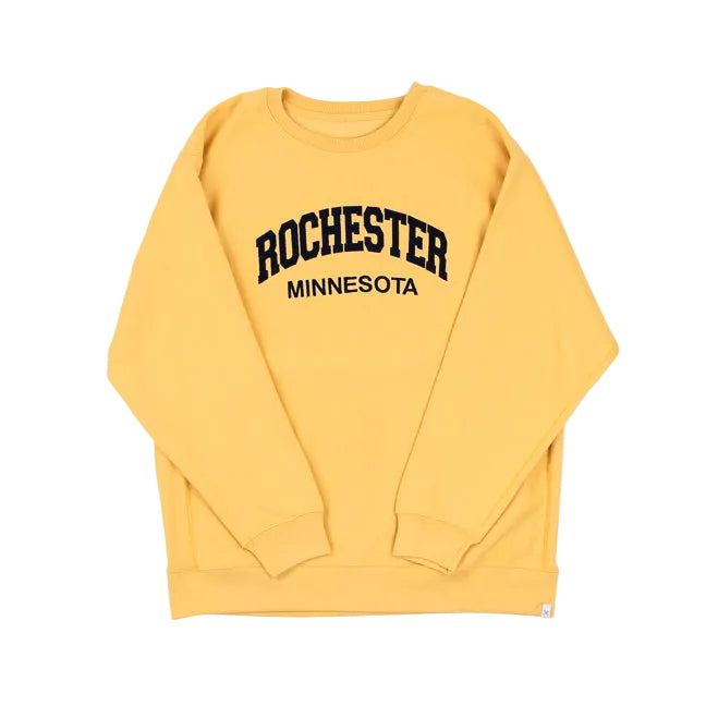Yellow sweatshirt with 'Rochester Minnesota' text on a white background