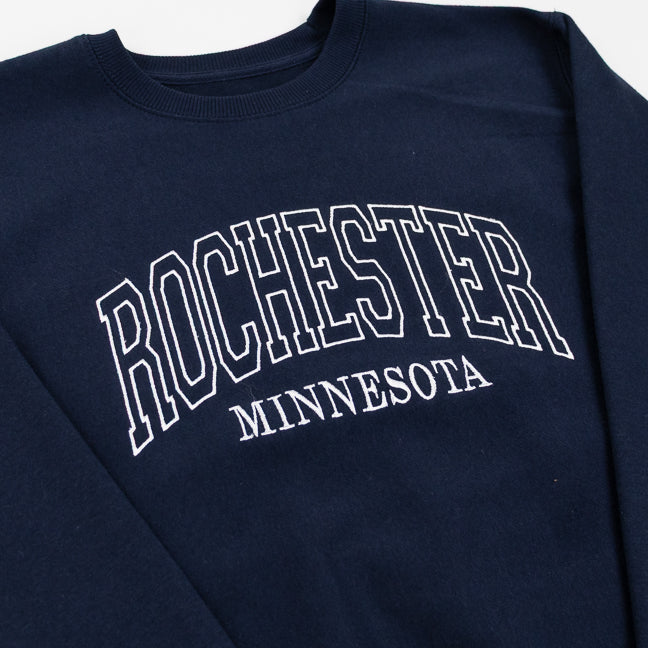 Navy blue sweatshirt with 'ROCHESTER MINNESOTA' text in white