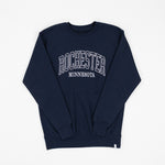 Navy blue sweatshirt with 'Rochester Minnesota' text on a white background