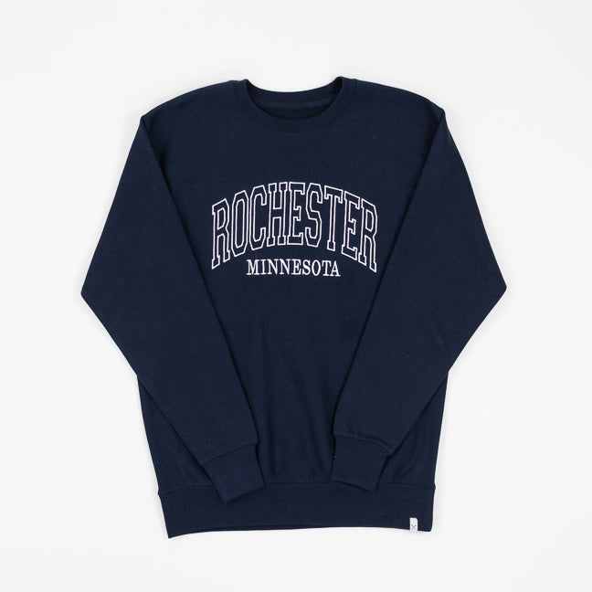Navy blue sweatshirt with 'Rochester Minnesota' text on a white background