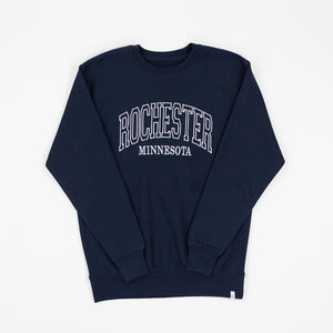 Navy blue sweatshirt with 'Rochester Minnesota' text on a white background