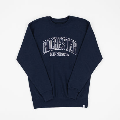 Navy blue sweatshirt with 'Rochester Minnesota' text on a white background