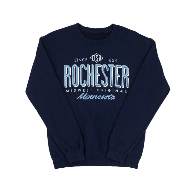Navy blue sweatshirt with 'Rochester, Minnesota' text on a white background