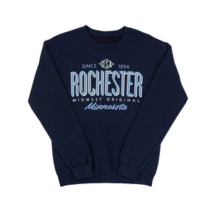 Navy blue sweatshirt with 'Rochester, Minnesota' text on a white background