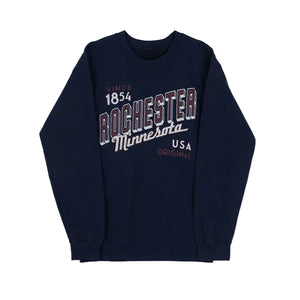 Navy blue sweatshirt with 'Rochester Minnesota USA Original' text on a white background