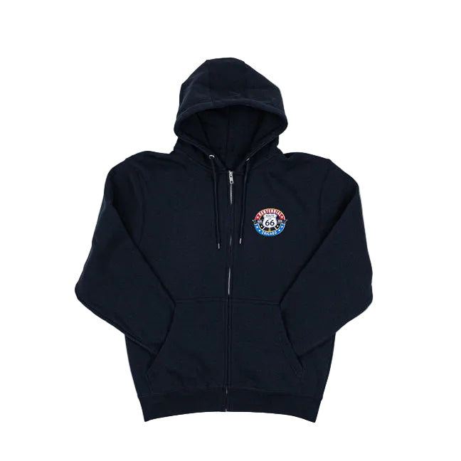 Navy hoodie with a Route 66 logo on the chest against a white background