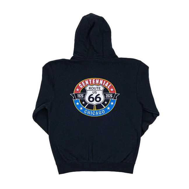 Navy hoodie with Route 66 logo on the back against a white background