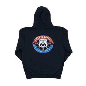Navy hoodie with Route 66 logo on the back against a white background