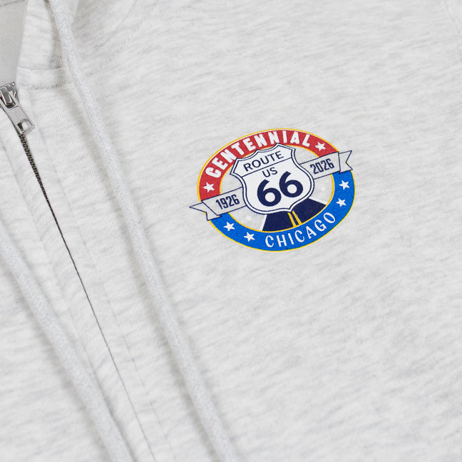 Grey sweatshirt with Route 66 logo on the chest.