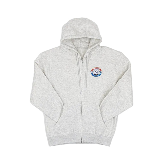 Gray hoodie with a Route 66 design on the chest against a white background