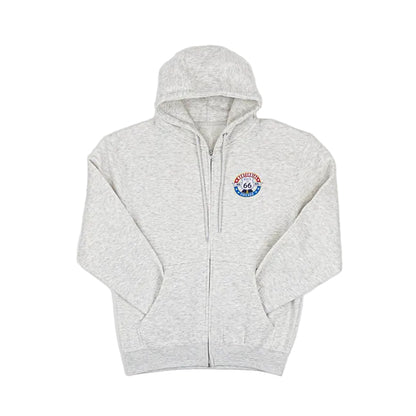 Gray hoodie with a Route 66 design on the chest against a white background
