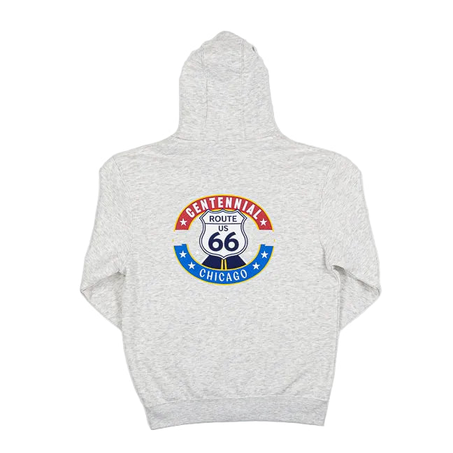 Gray hoodie with a Route 66 design on the back against a white background