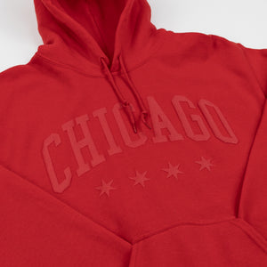 Red hoodie with 'Chicago' text and star designs on a white background