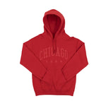 Red hoodie with 'Chicago' text on a white background