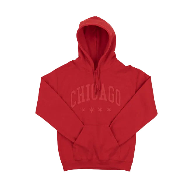 Red hoodie with 'Chicago' text on a white background