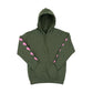 A military green hooded sweatshirt with pink hearts running down each sleeve, set against a white background
