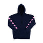 A Navy Blue hooded sweatshirt with pink hearts running down the sleeves, set against a white background.