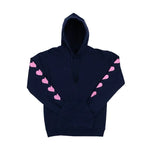 A Navy Blue hooded sweatshirt with pink hearts running down the sleeves, set against a white background.