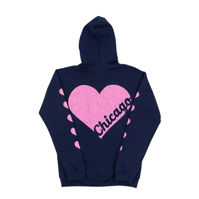 A Navy Blue hooded sweatshirt with a large pink heart and Navy text reading CHICAGO on the back, pink hearts running down the sleeves, set against a white background.