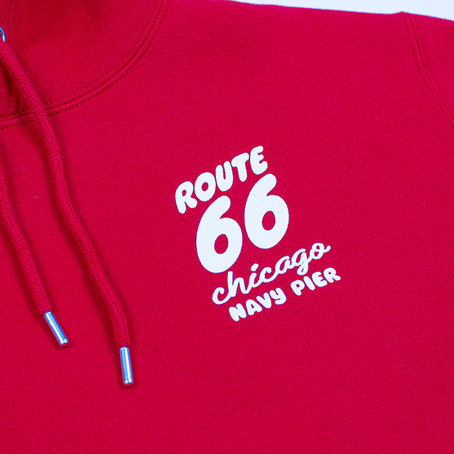 Red hoodie with 'Route 66 Chicago Navy Pier' text on a white background