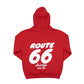 Red hoodie with white Route 66 Chicago Navy Pier text on the back against a white background
