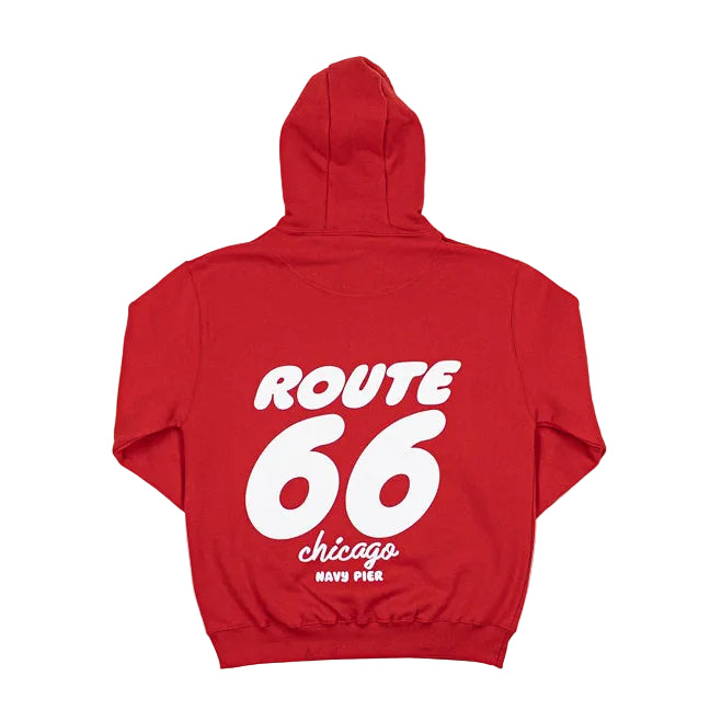 Red hoodie with white Route 66 Chicago Navy Pier text on the back against a white background