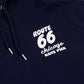Navy hoodie with 'Route 66 Chicago Navy Pier' text in white on the chest
