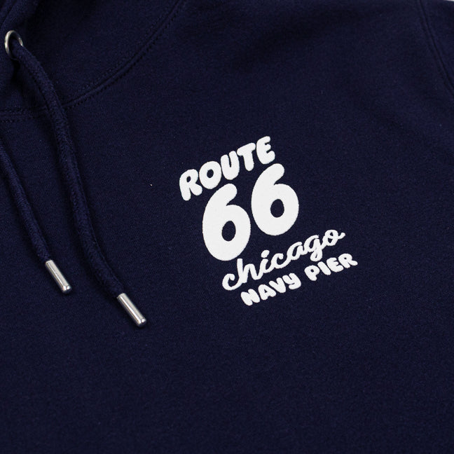 Navy hoodie with 'Route 66 Chicago Navy Pier' text in white on the chest