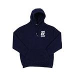 Navy blue hoodie with white Route 66 Chicago Navy Pier text on the chest against a white background