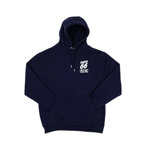 Navy blue hoodie with white Route 66 Chicago Navy Pier text on the chest against a white background