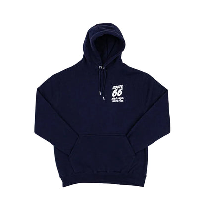 Navy blue hoodie with white Route 66 Chicago Navy Pier text on the chest against a white background