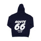 Navy blue hoodie with white Route 66 Chicago Navy Pier text on the back against a white background