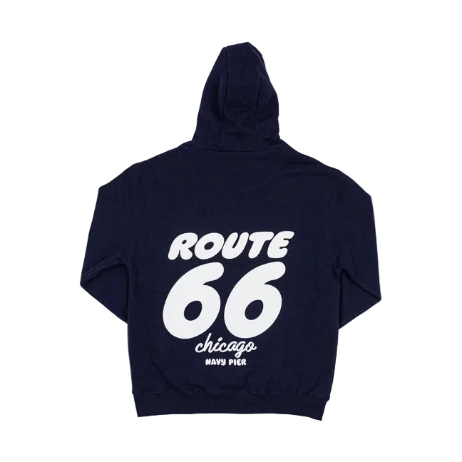 Navy blue hoodie with white Route 66 Chicago Navy Pier text on the back against a white background
