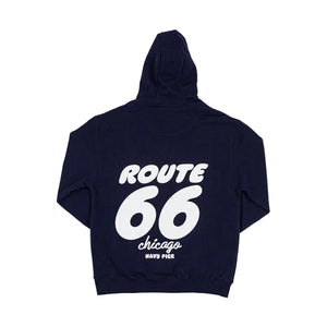 Navy blue hoodie with white Route 66 Chicago Navy Pier text on the back against a white background