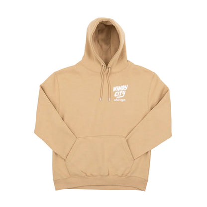Beige hoodie with a logo on the chest against a white background