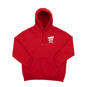 Red hoodie with 'Windy City Chicago' text on a white background