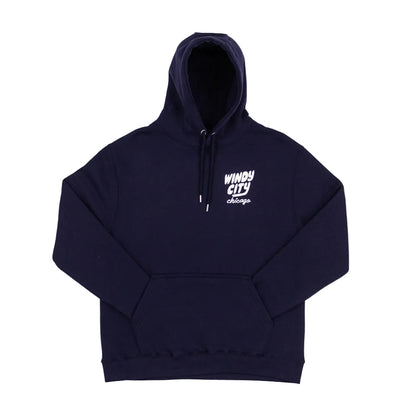 Navy blue hoodie with 'Windy City Chicago' text on a white background