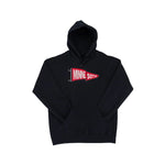 A black pullover hoodie with a red and white Minnesota flag pennant graphic on the chest, displayed flat against a white background.